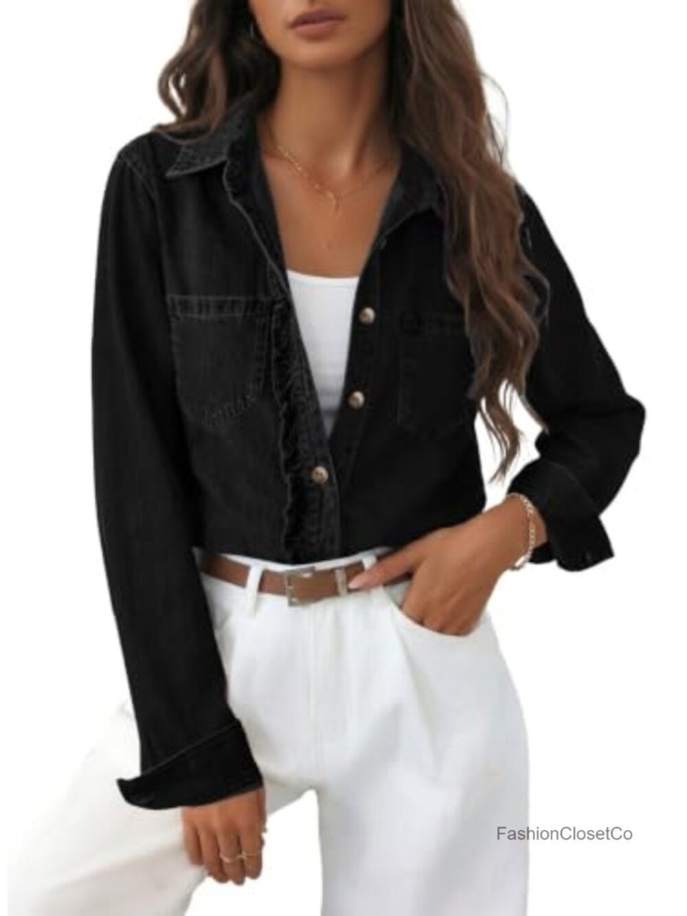 Sidefeel Women's Long Sleeve Ruffle Trim Button Down Denim Shirt